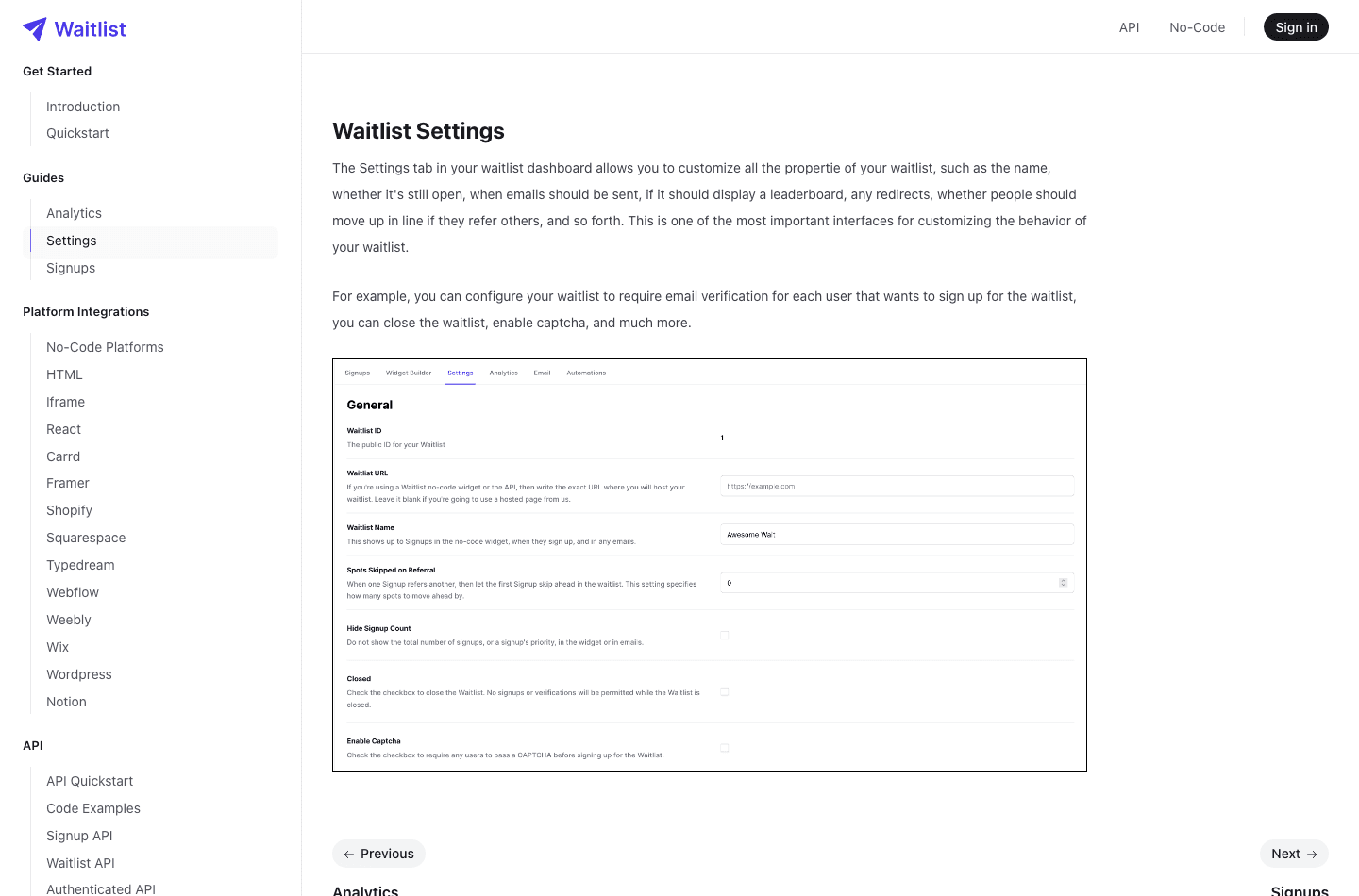 GetWaitlist's settings panel shows a "Spots Skipped on Referral" field, defaulting to zero, described as letting a referrer skip ahead in the waitlist by a set number of spots per successful invite