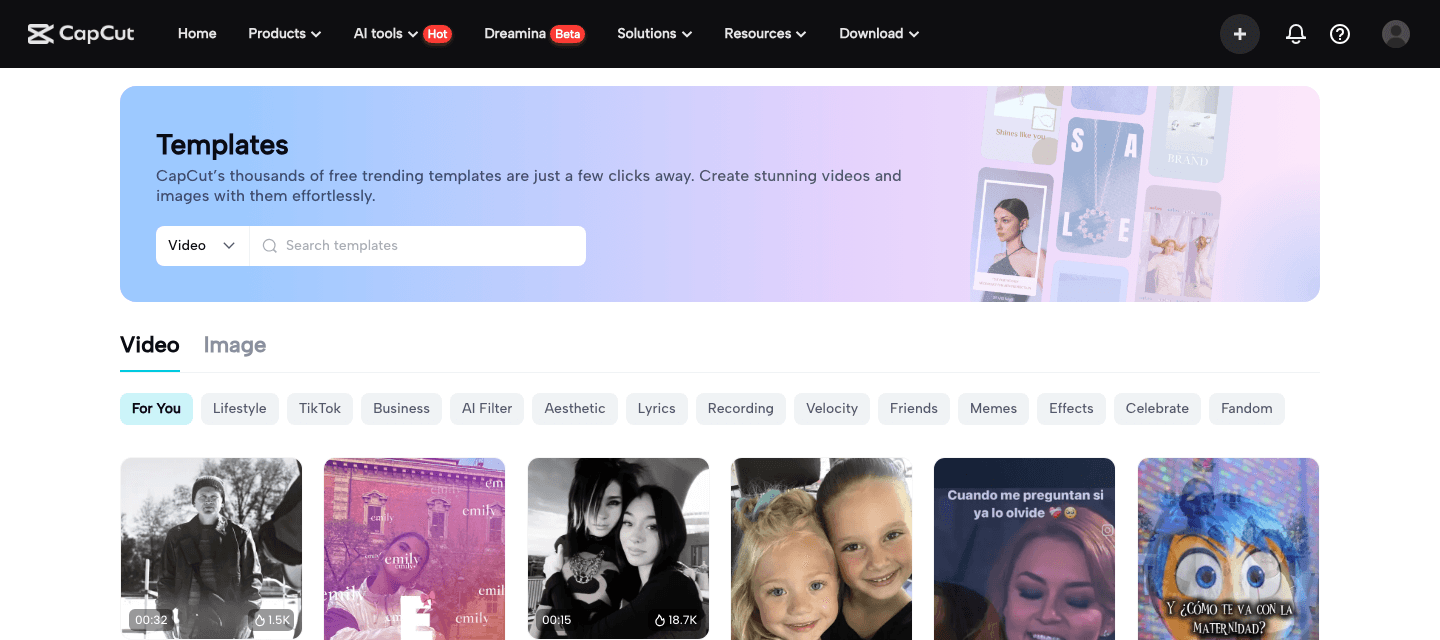 CapCut's own template gallery, the For You tab, showing thumbnails with running use-counts next to a flame icon