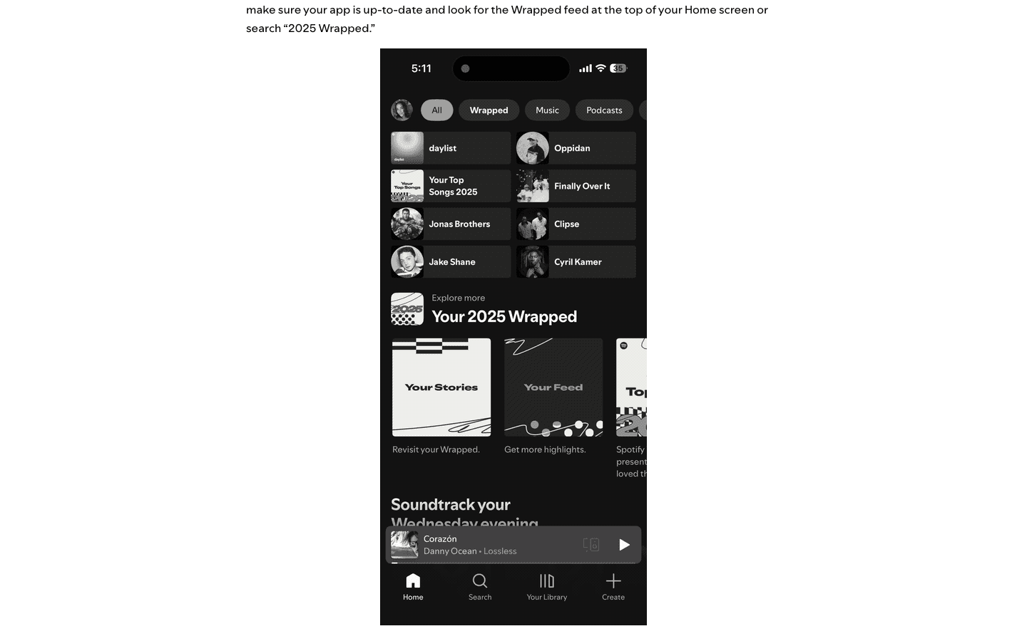 Spotify's 2025 Wrapped hub inside the app, with Your Stories and Your Feed as separate share-ready formats