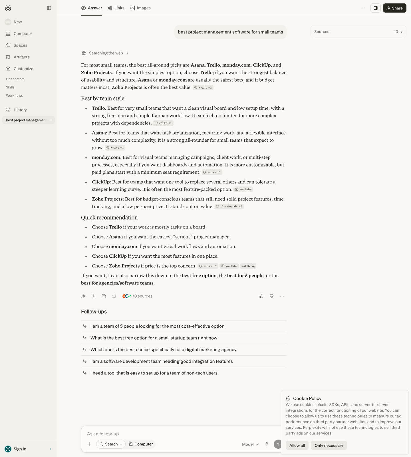 Perplexity's answer to "best project management software for small teams," naming monday.com, Asana, Trello, ClickUp, and Zoho Projects with inline source citation badges