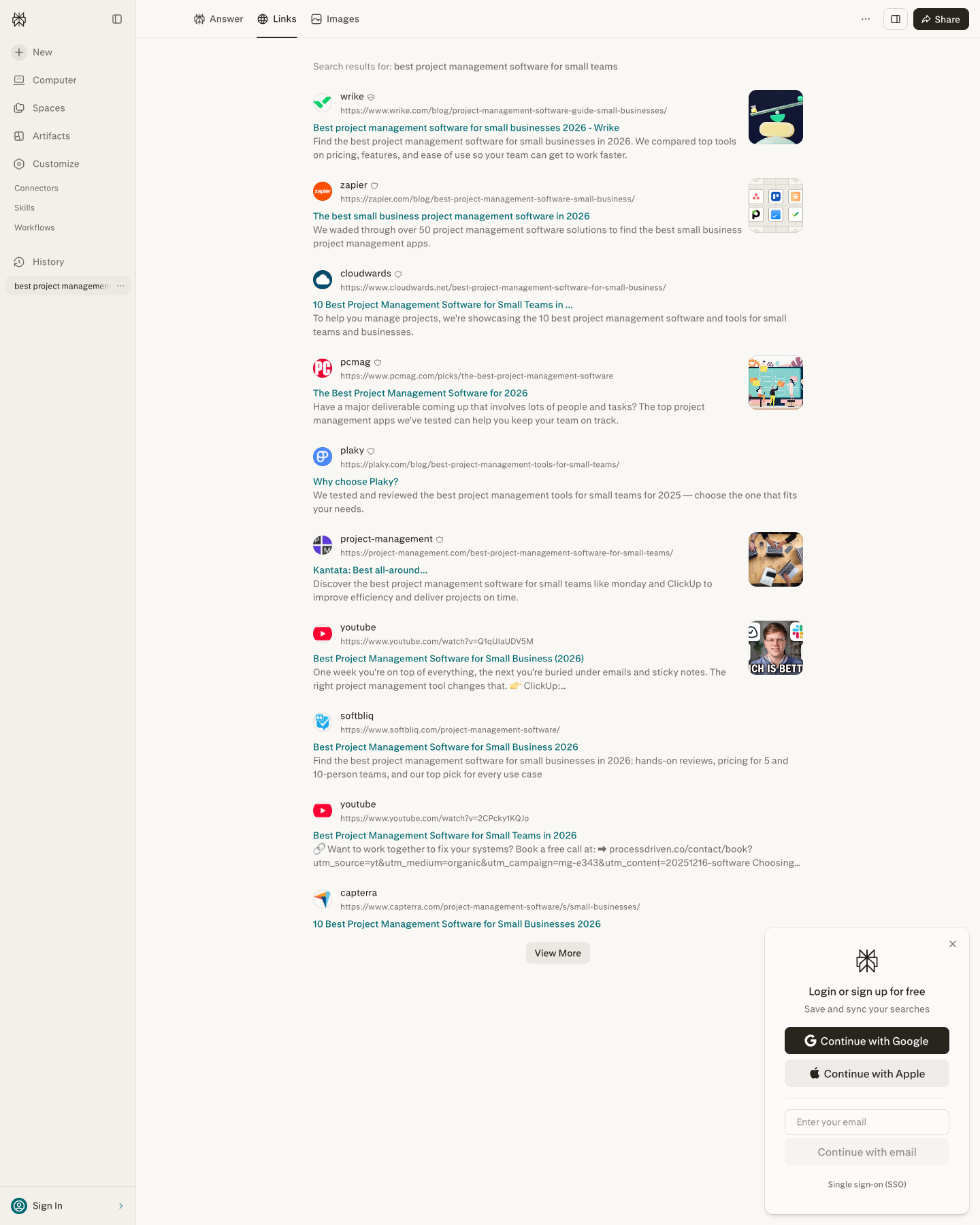 Perplexity's Links tab listing all ten sources for the query: Wrike, Zapier, Cloudwards, PCMag, Plaky, project-management.com, two YouTube videos, Softbliq, and Capterra