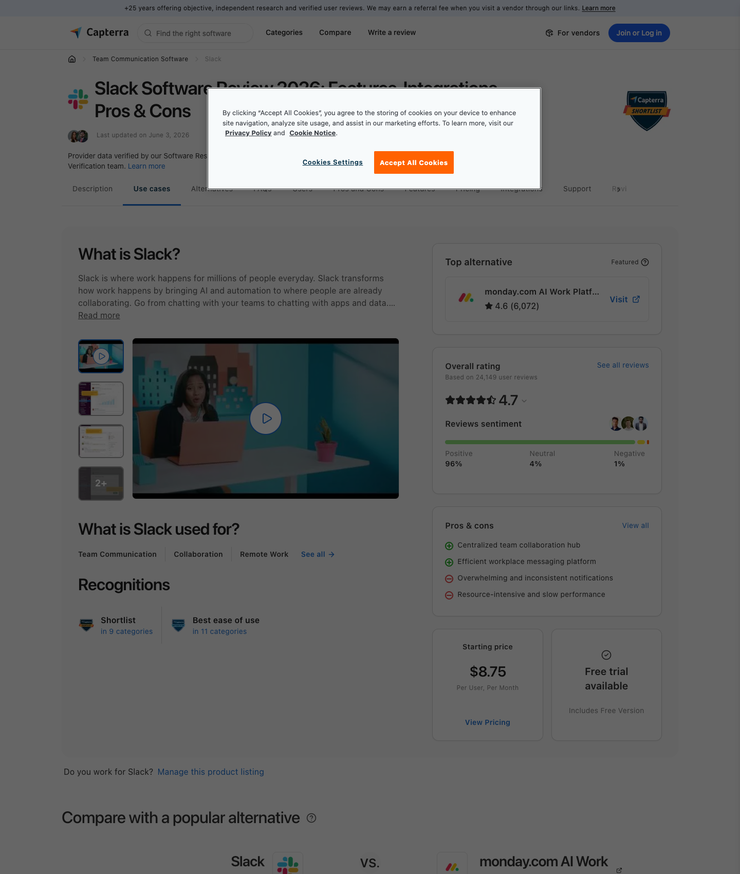 A real Capterra product profile page showing a 4.7 overall rating from 24,149 user reviews, 96% positive sentiment, a Capterra Shortlist badge, pros and cons, and starting price