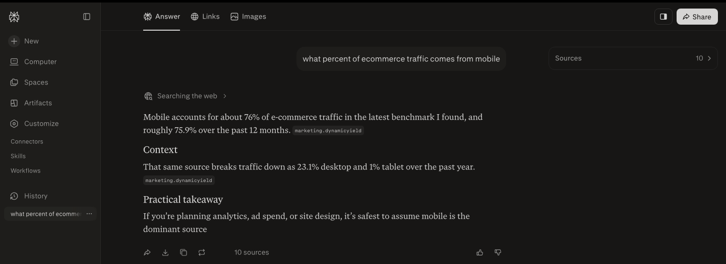 Perplexity answers "what percent of ecommerce traffic comes from mobile" with a 76% headline number, a Context line, and a Practical takeaway, both stats citing marketing.dynamicyield out of 10 sources