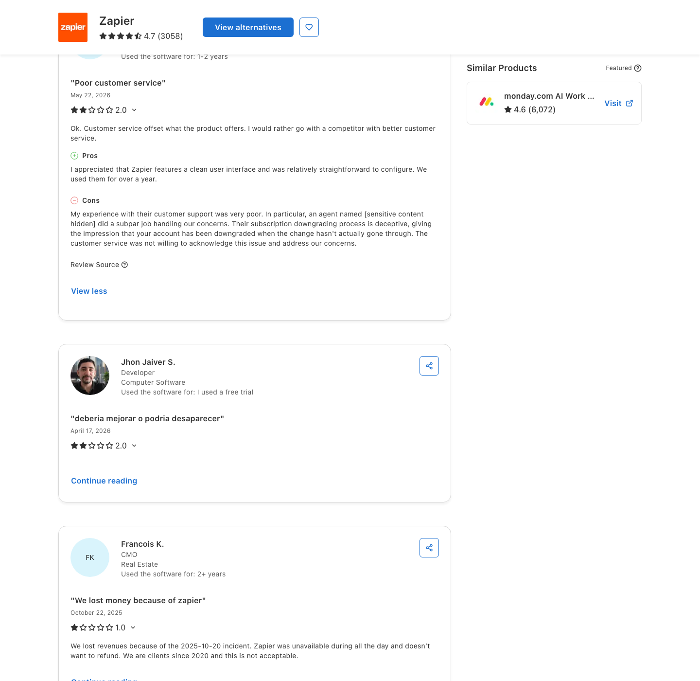 Three consecutive filtered reviews on Zapier's Capterra profile from different reviewers, each citing support or refund friction