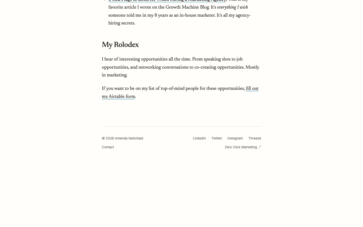 Amanda Natividad's about page, "My Rolodex": she hears speaking slots, jobs, and co-creating asks, and links an Airtable form