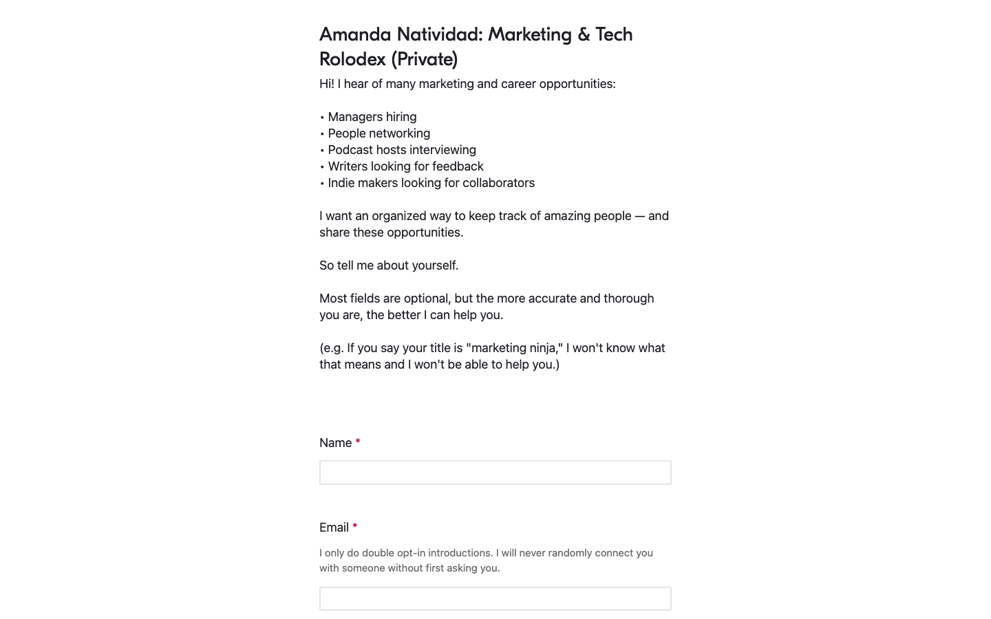 Amanda Natividad's Airtable, "Marketing & Tech Rolodex": hiring, networking, podcasts, writers, indie makers, double opt-in