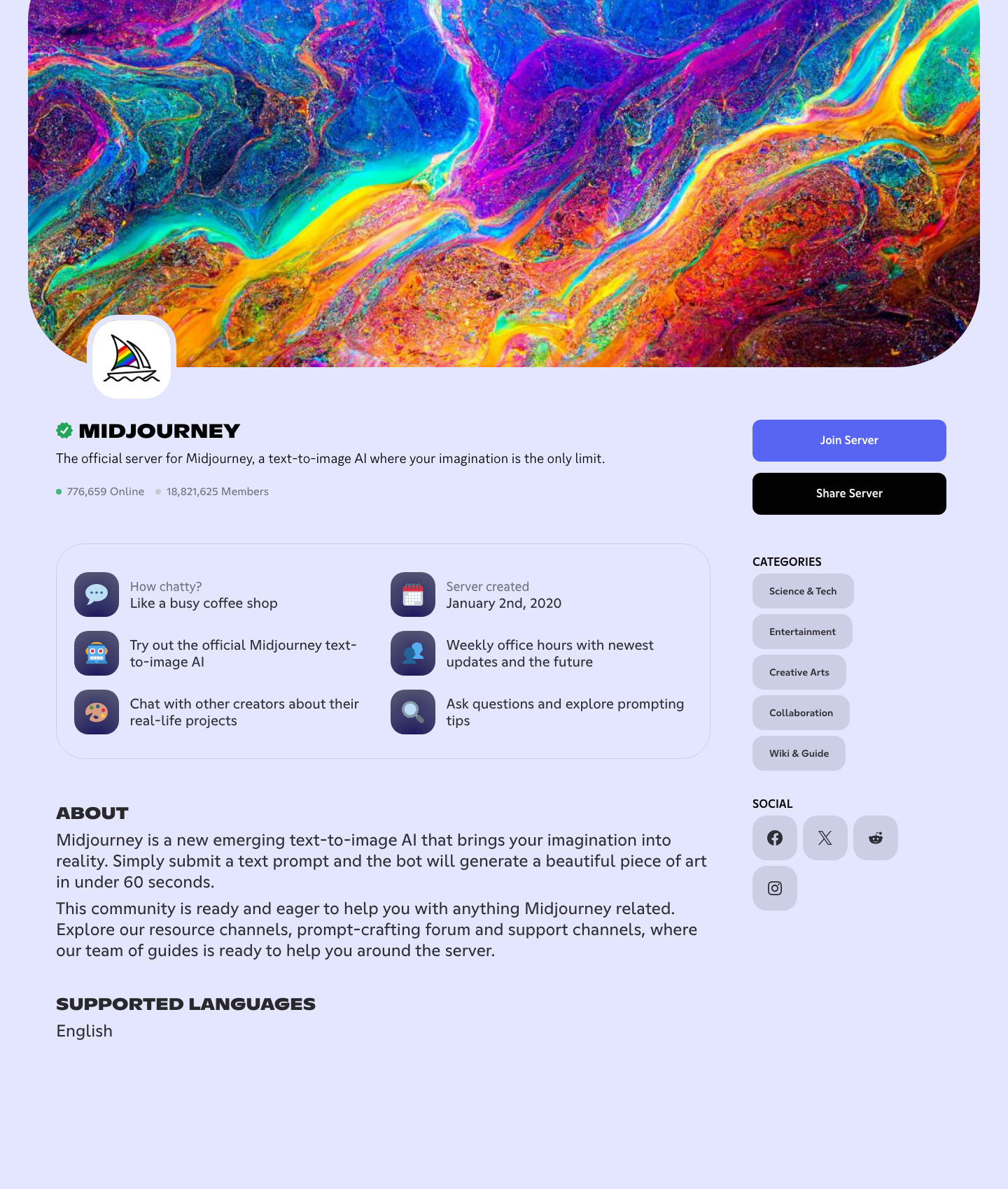 Discord's public discovery card for the Midjourney server, showing 18.8 million members, 776K online, and callouts to chat with creators and explore prompting tips