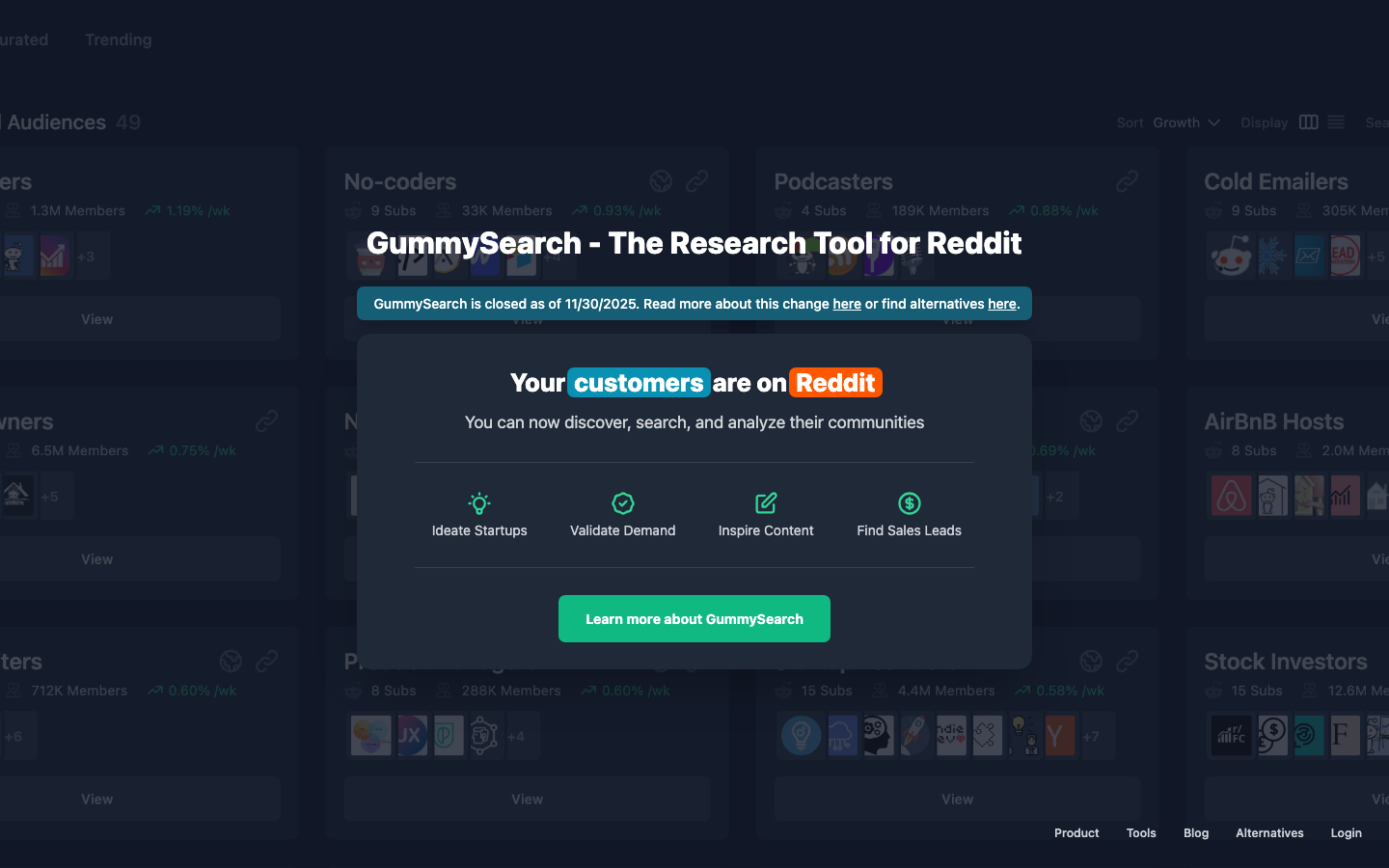 GummySearch homepage banner: closed as of 11/30/2025, with audience cards still visible behind the overlay