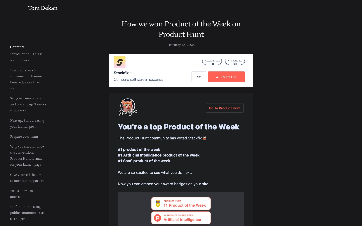 Tom Dekan's "How we won Product of the Week on Product Hunt," Stackfix card with 1,119 upvotes and Product of the Week badges