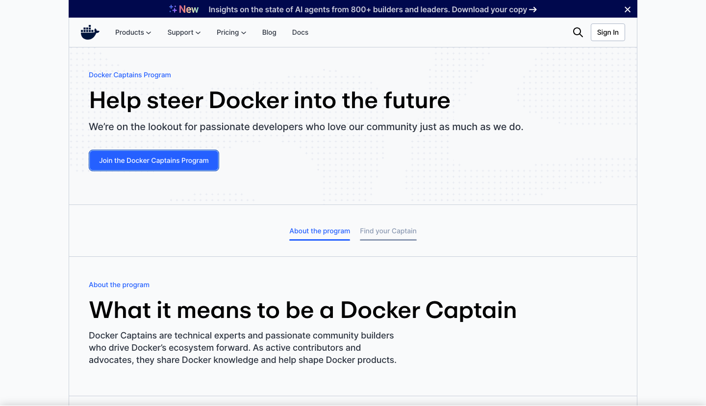 Docker's Captains program page: "Help steer Docker into the future," with a join button and a plain description of what the title means