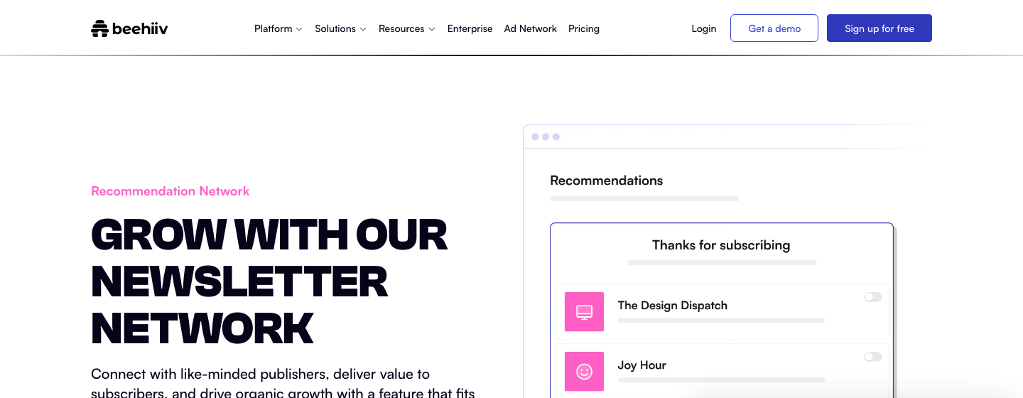 beehiiv's Recommendation Network feature page, showing a mockup of the "Thanks for subscribing" screen with recommended newsletters listed underneath