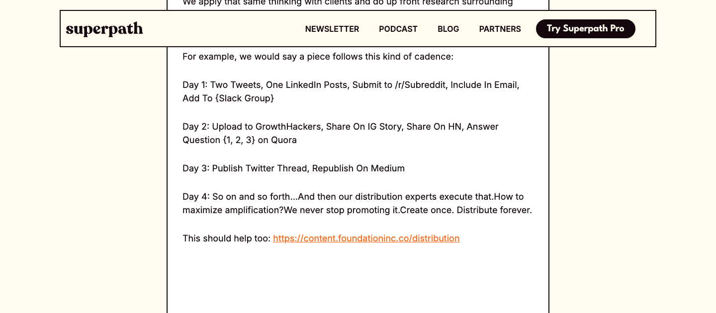 Ross Simmonds, Superpath AMA, July 26, 2021: Day 1 through Day 3 of the distribution cadence, then "we never stop"