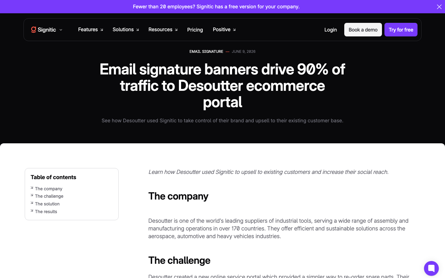 Signitic case study, June 9, 2026: "Email signature banners drive 90% of traffic to Desoutter ecommerce portal"
