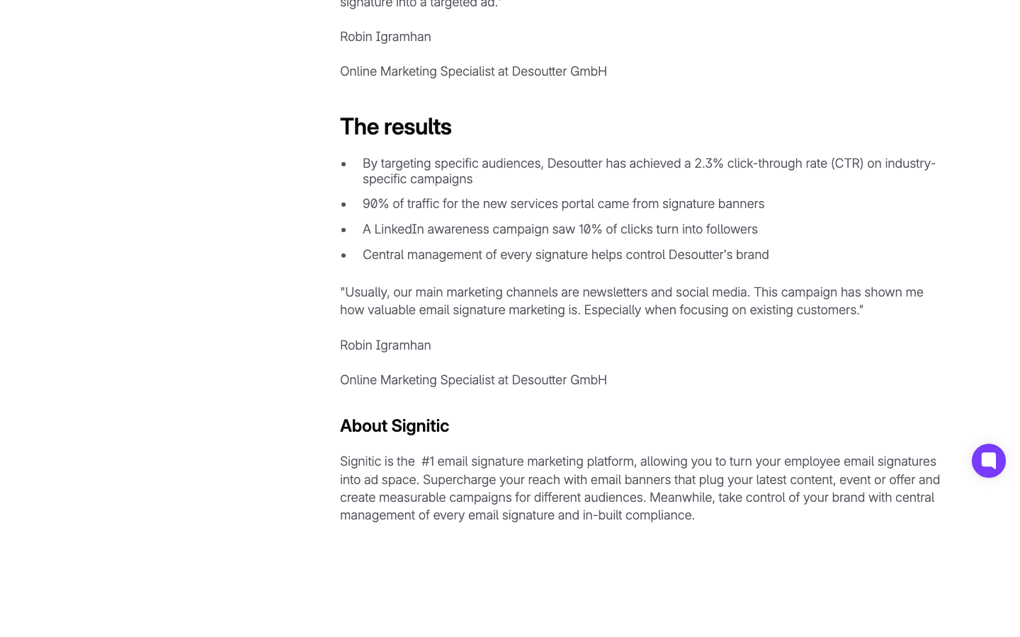 Signitic's results block: 2.3% click-through on industry-specific signature banners, and 90% of the new portal's traffic from those banners