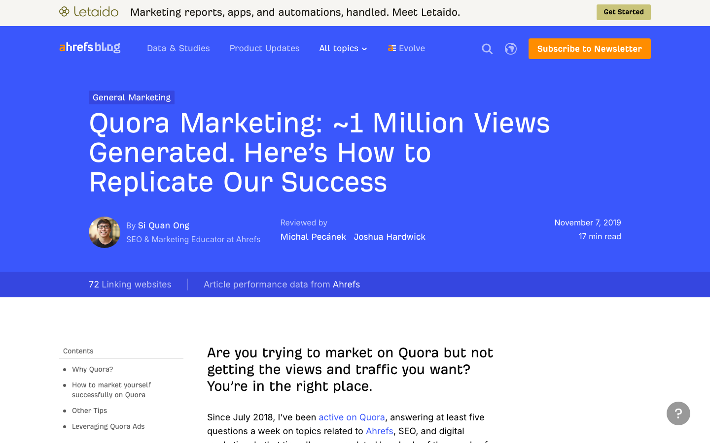 Ahrefs blog, November 7, 2019: "Quora Marketing: ~1 Million Views Generated," by Si Quan Ong, reviewed by Michal Pecánek and Joshua Hardwick