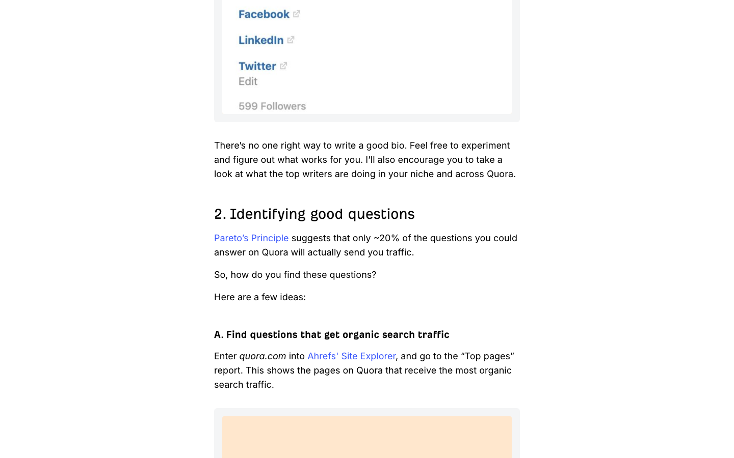 Ahrefs, same post: only about 20% of answerable Quora questions send traffic, so start from questions that already rank