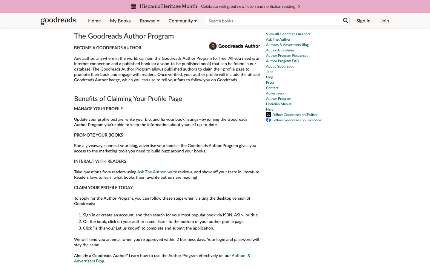 Goodreads Author Program page: free to join, published or soon-to-be-published book required, apply via "Is this you? Let us know!"