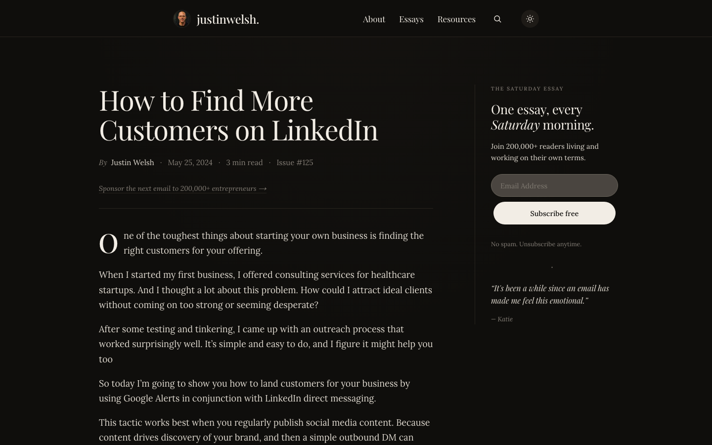 Justin Welsh's essay "How to Find More Customers on LinkedIn," Issue #125, May 25, 2024, on his site