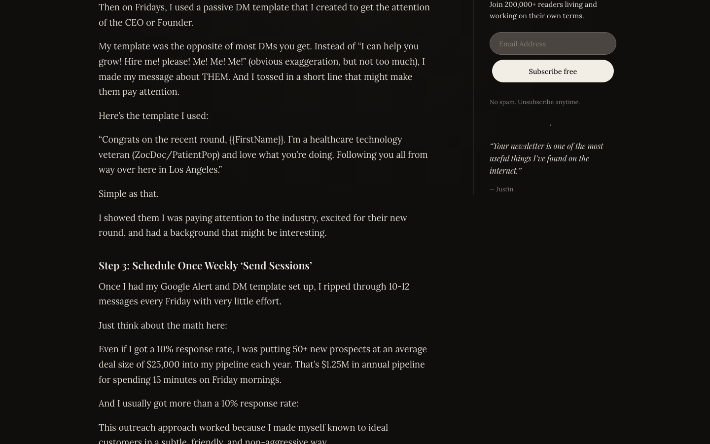 Justin Welsh's DM template and the Friday math: 10 to 12 messages, a 10% reply rate, $25,000 deals, $1.25M of pipeline