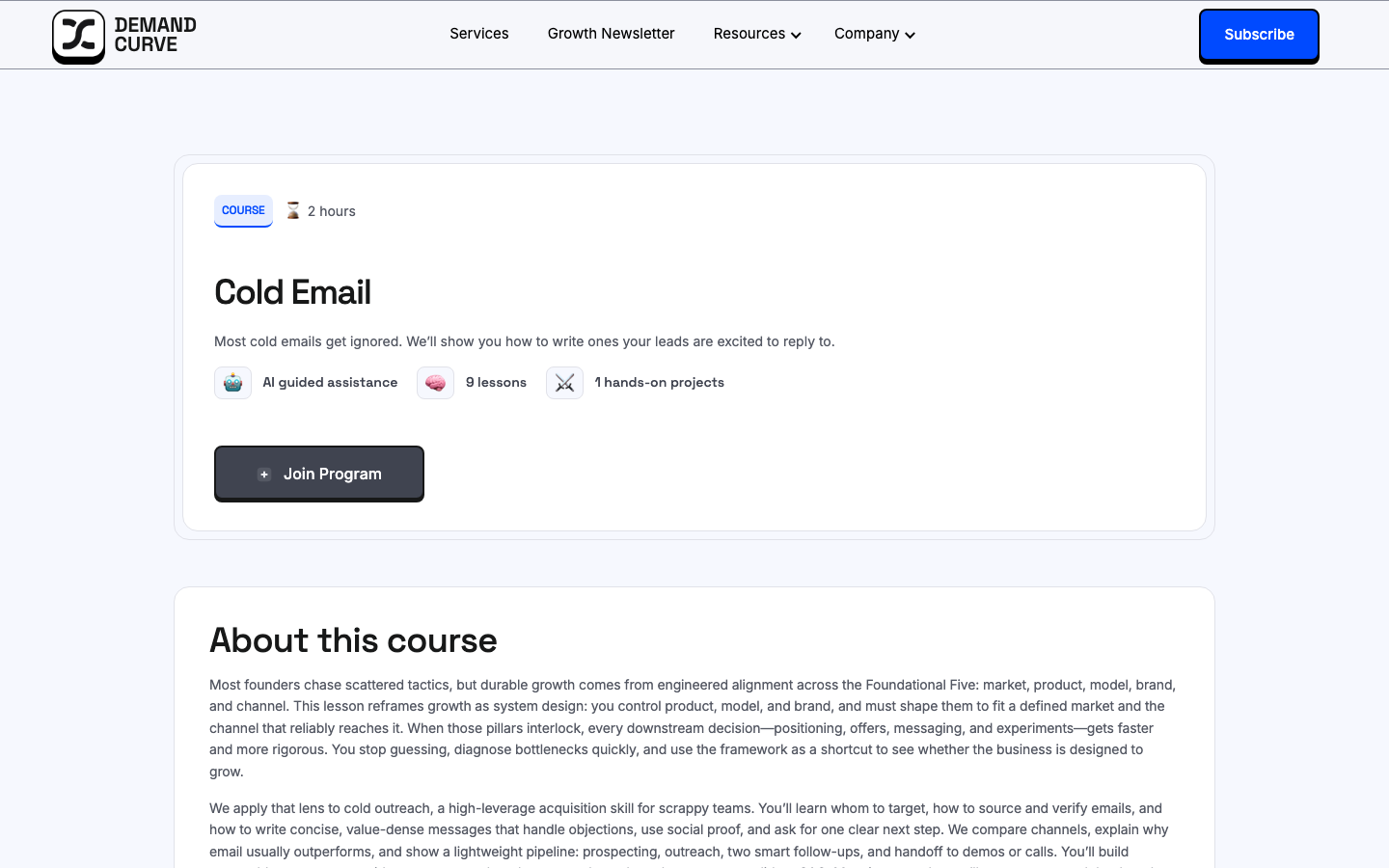 Demand Curve's Cold Email course page describing its outbound pipeline as prospecting, outreach, two smart follow-ups, and handoff to demos or calls