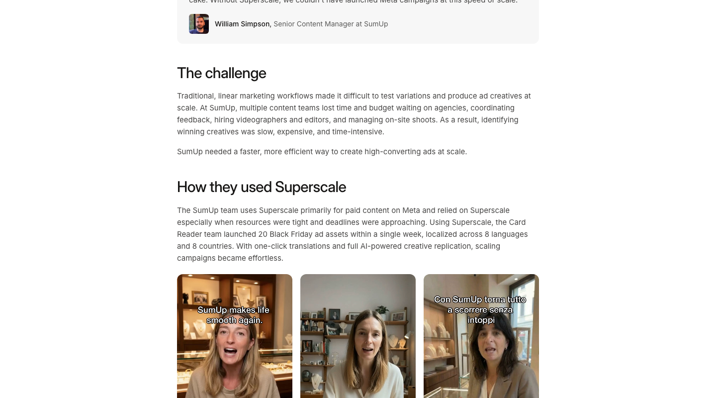Superscale's SumUp case study describing how the Card Reader team launched 20 Black Friday ad assets across 8 languages and 8 countries in a single week, with three localized video thumbnails of the same script