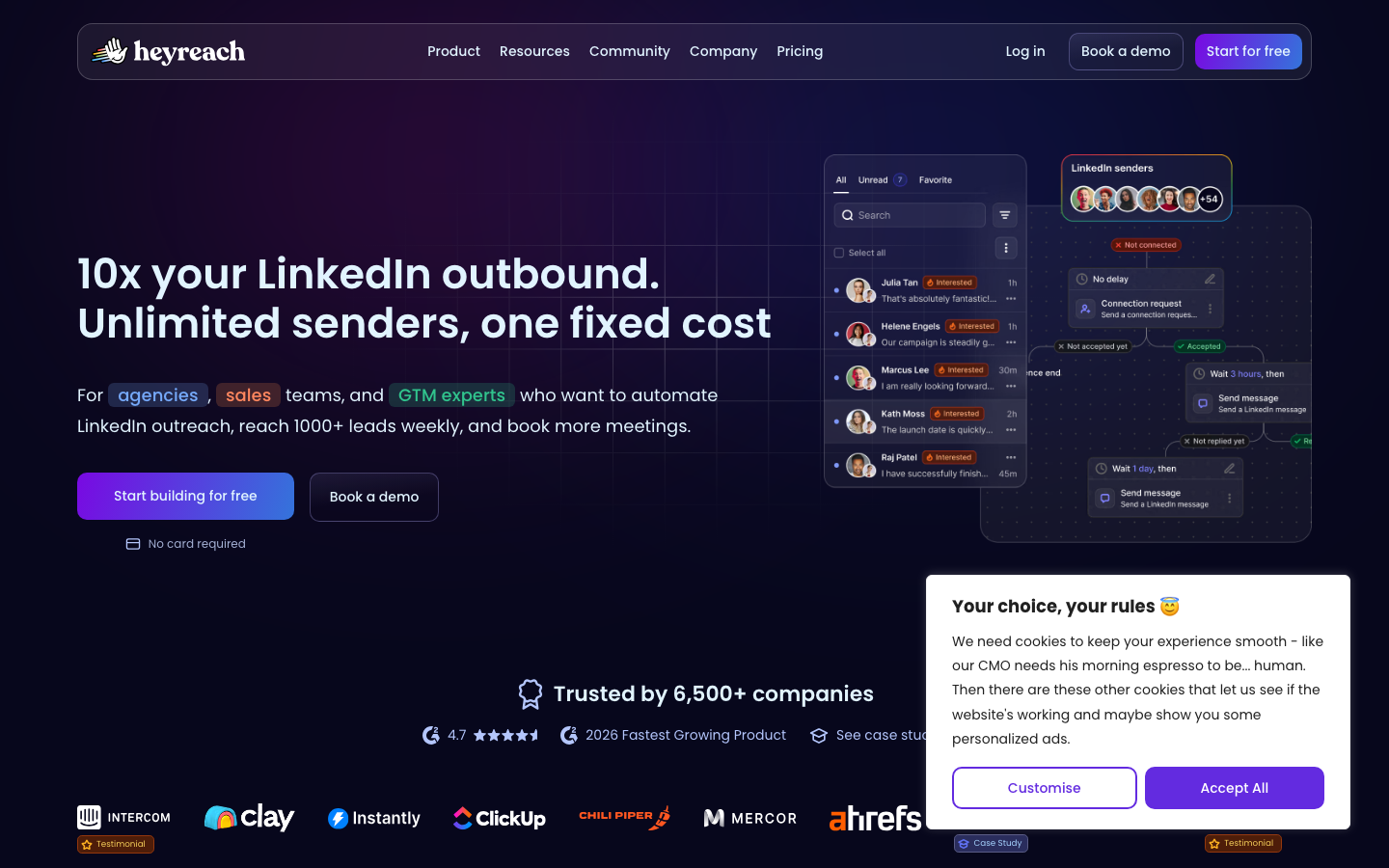 HeyReach's own homepage pitching unlimited senders and 1,000+ leads a week