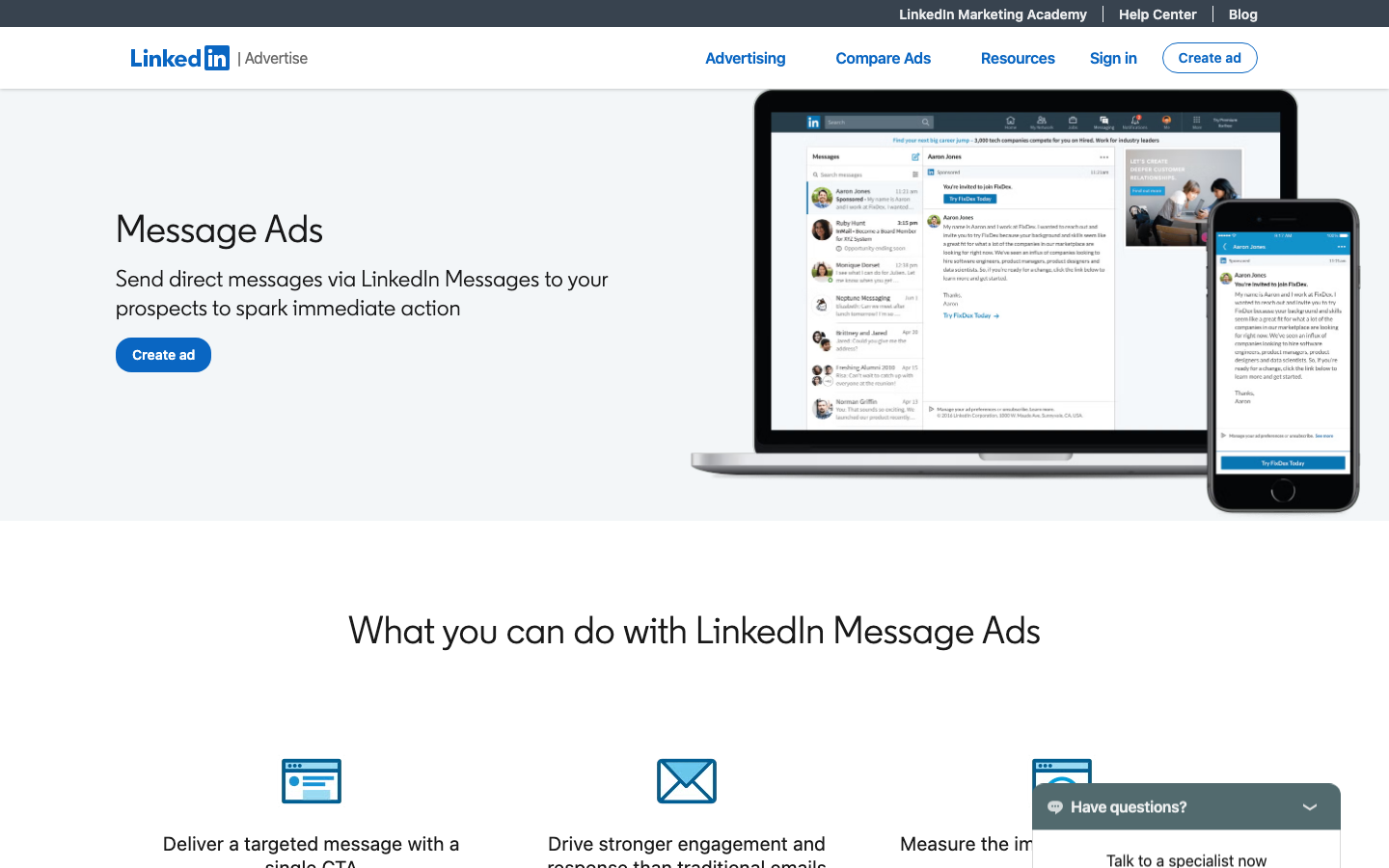 LinkedIn's own Message Ads product page, formerly branded Sponsored InMail