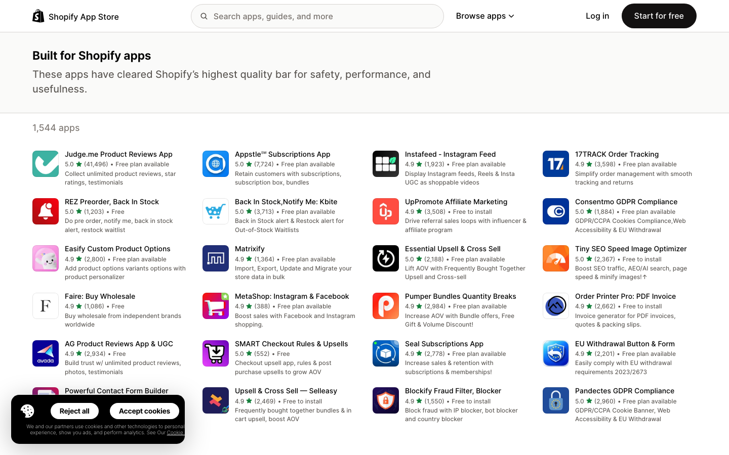 Shopify's Built for Shopify apps hub page lists 1,544 certified apps with the header "These apps have cleared Shopify's highest quality bar"