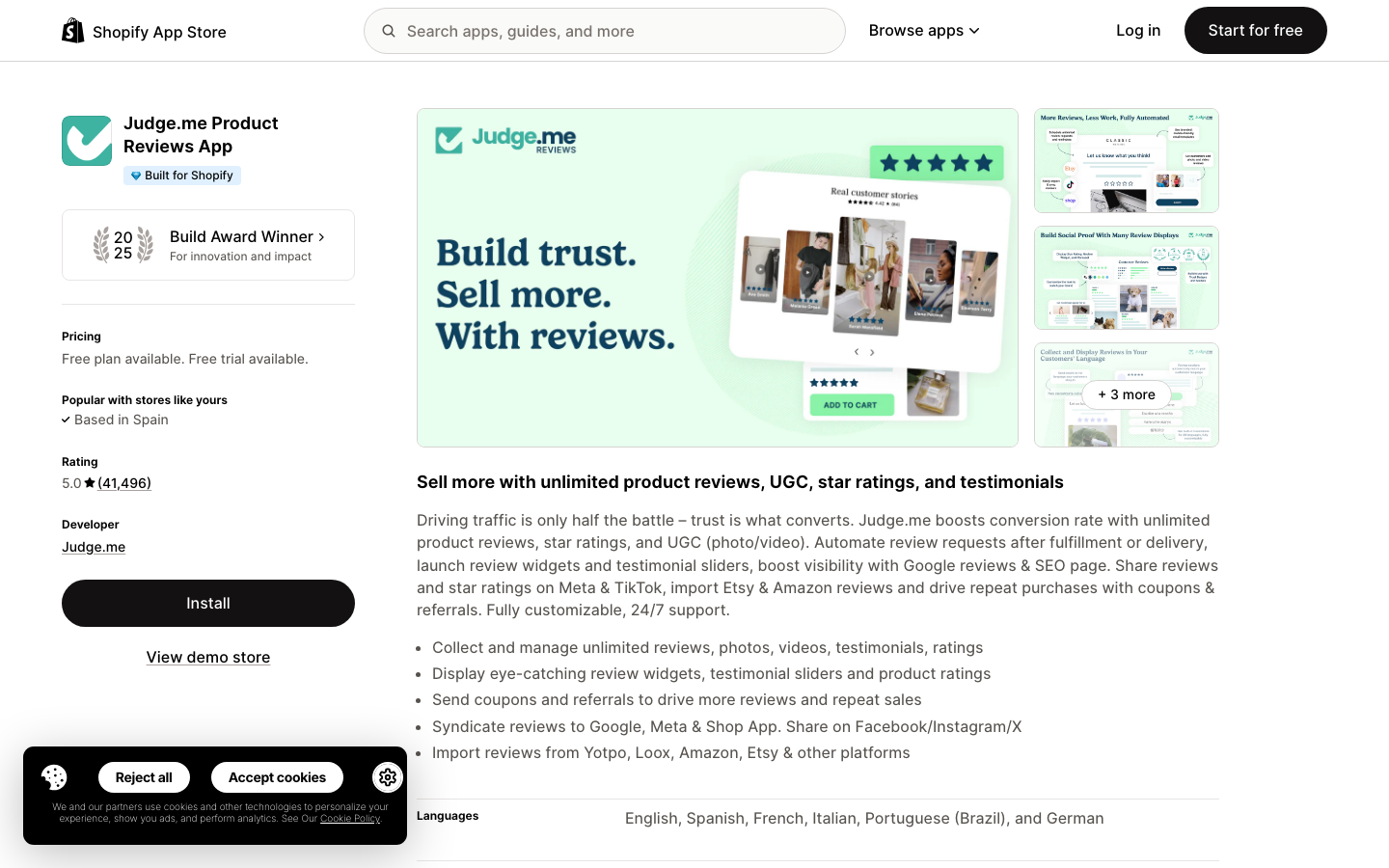 Judge.me's Shopify App Store listing shows a blue Built for Shopify badge directly under the app name