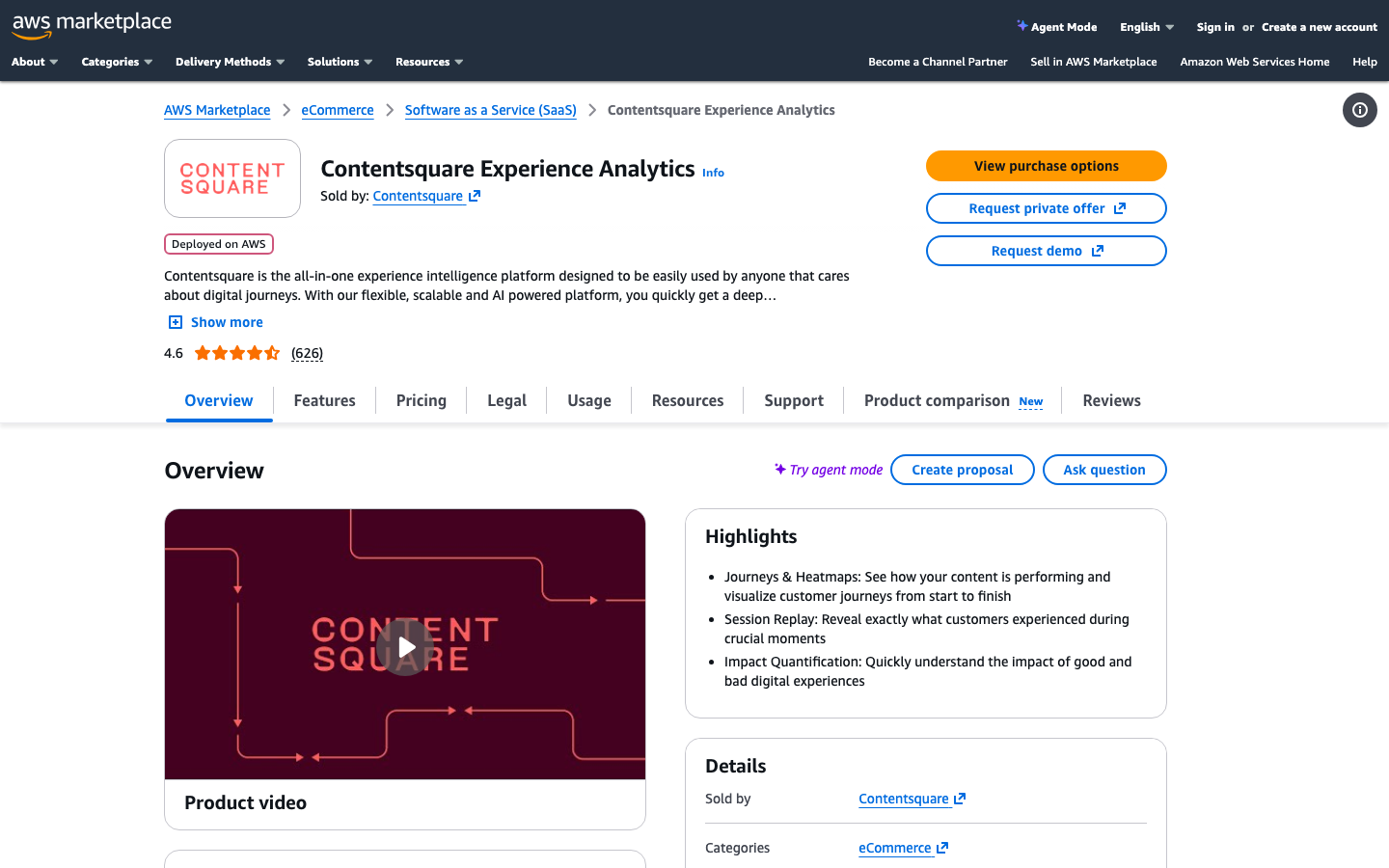 Contentsquare's AWS Marketplace listing shows a "Request private offer" button next to "View purchase options," visible to any buyer without signing in