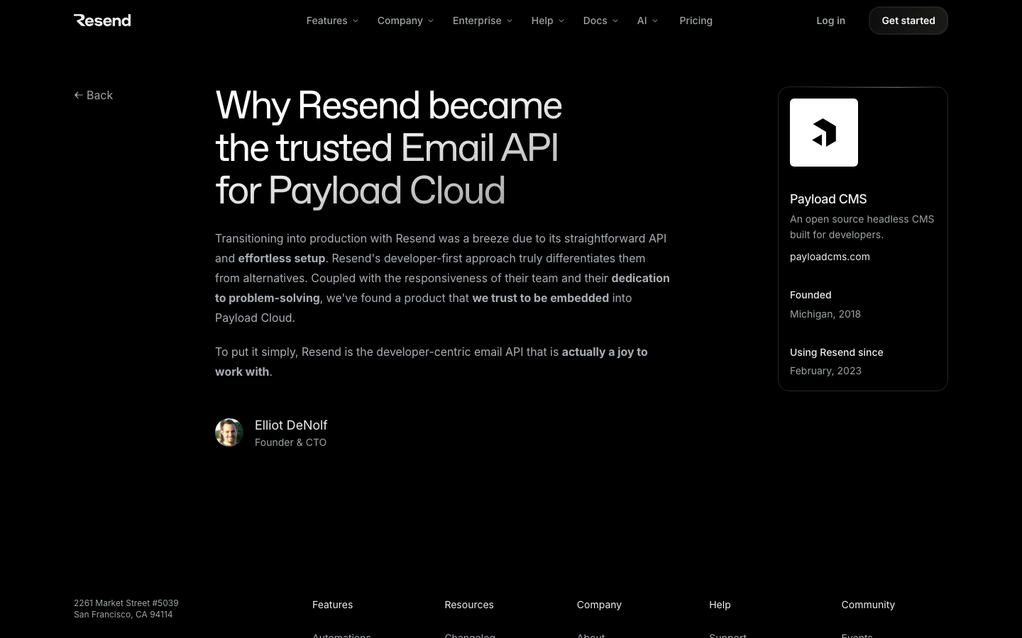 Resend customer page "Why Resend became the trusted Email API for Payload Cloud," with Elliot DeNolf's quote and a Payload sidebar