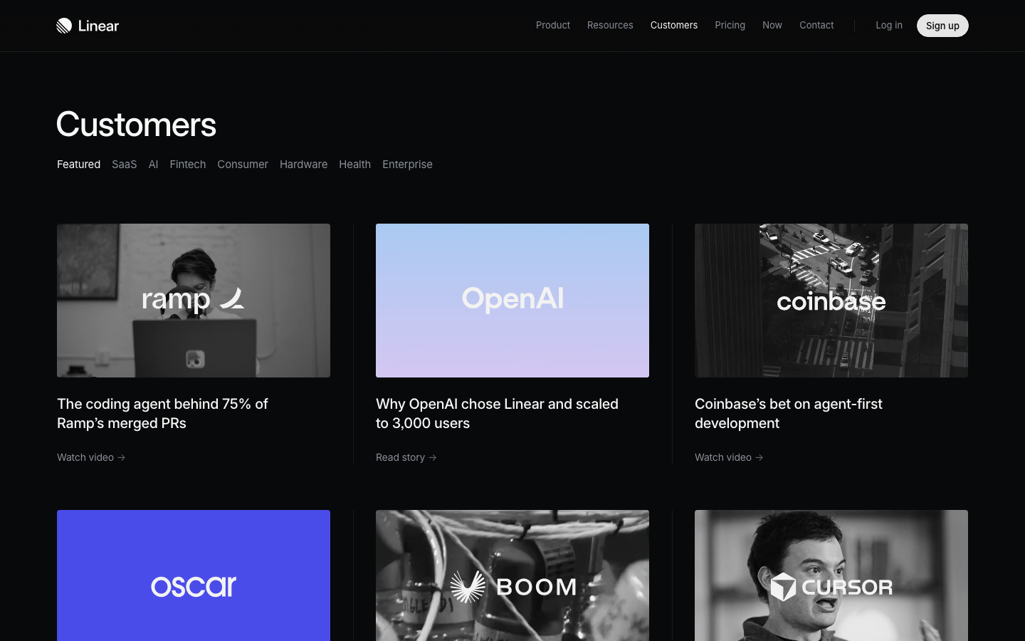 Linear customers page featuring Ramp, OpenAI, Coinbase, Oscar, Boom, and Cursor