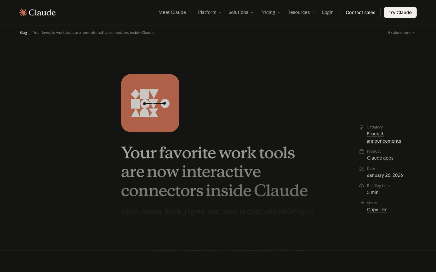 Anthropic's blog post announcing MCP Apps: "Your favorite work tools are now interactive connectors inside Claude," dated January 26, 2026