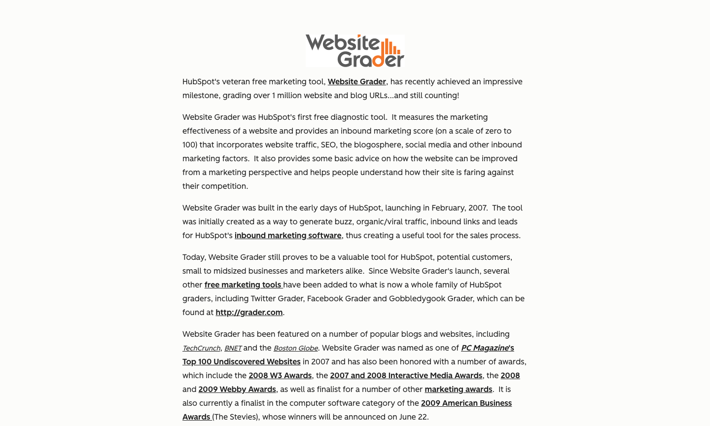 Pamela Vaughan's HubSpot post: Website Grader passed 1 million website and blog URLs, launched in February 2007 to generate buzz, traffic, links, and leads