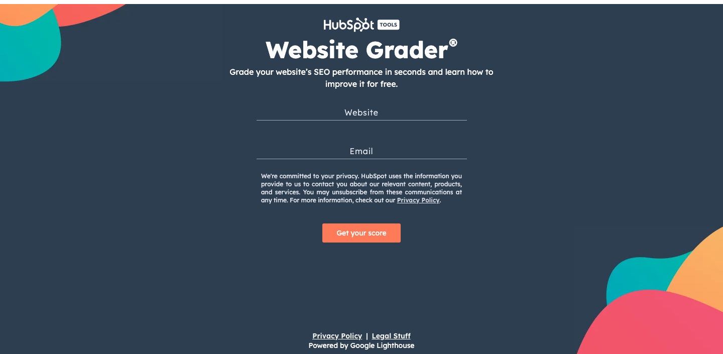 HubSpot Website Grader, live in September 2026: a website field, an email field, and "Get your score"