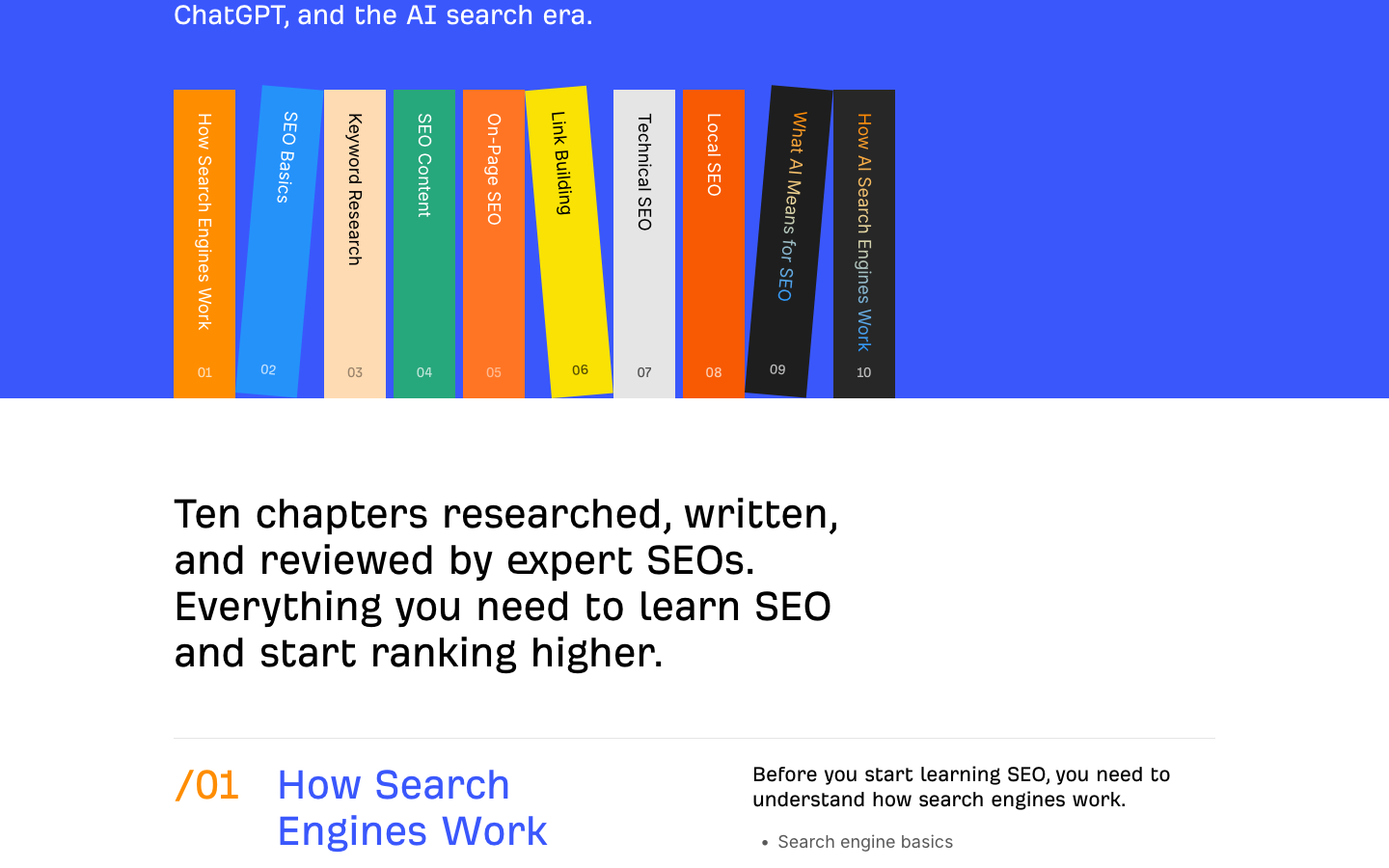 Ahrefs' Beginner's Guide to SEO shown as ten numbered, color-coded chapters on one page