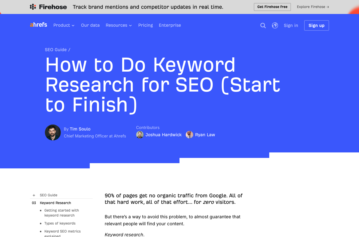 The Keyword Research chapter page, breadcrumbed "SEO Guide /" and listed as chapter 03 in the sidebar