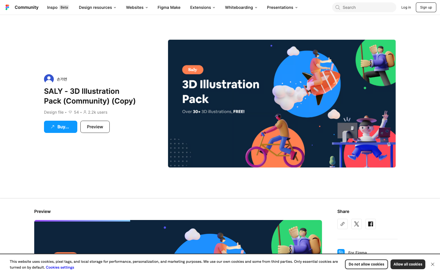 Figma Community page for a republished copy of the SALY 3D illustration pack, showing 54 likes and 2.2k users, Figma's own count of everyone who has duplicated the file