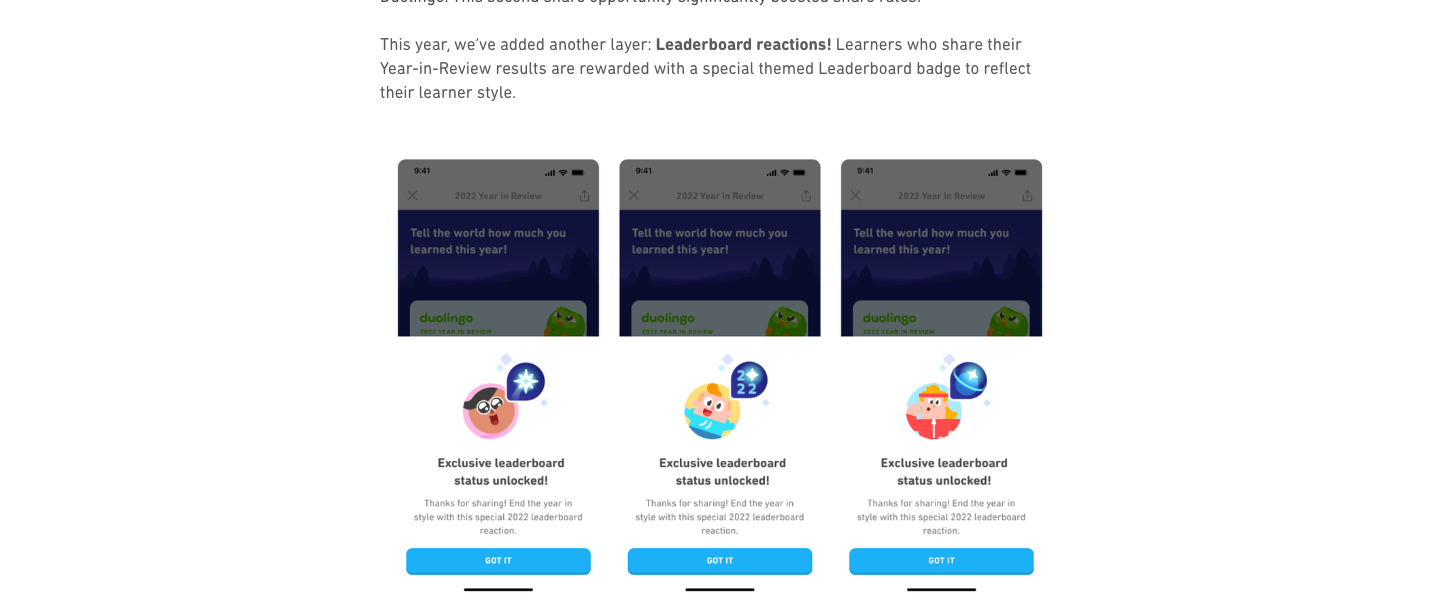 Duolingo's Year in Review share screen next to the in-app reward it unlocks, a themed leaderboard badge for sharing