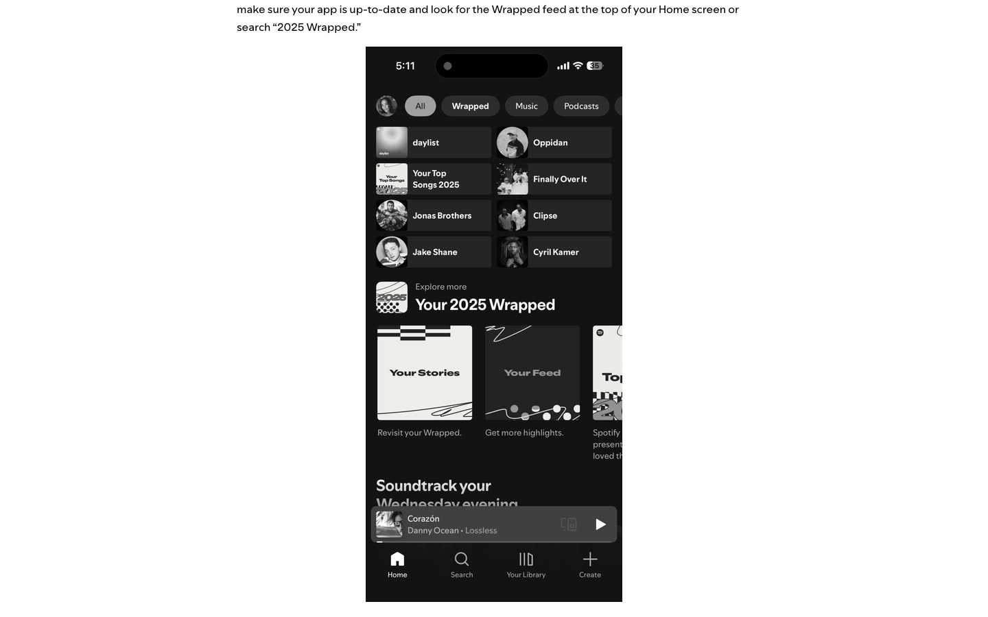 Spotify's 2025 Wrapped hub inside the app, with Your Stories and Your Feed as separate share-ready formats